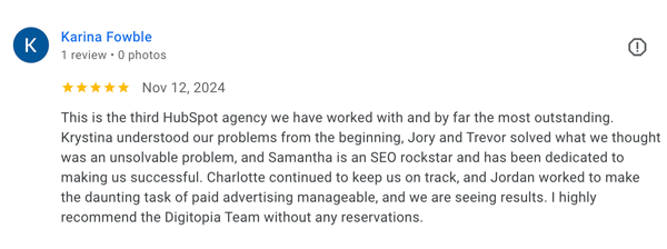 Google 5-Star Review for Digitopia Karina Fowbie
