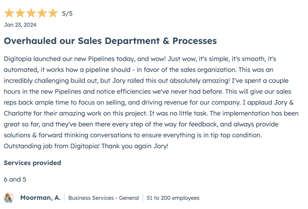 Hubspot 5-Star Review for Digitopia Mormon, A.