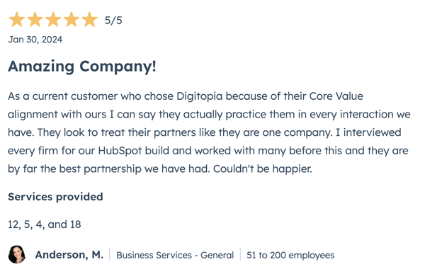 Hubspot 5-Star Review for Digitopia Anderson, M.