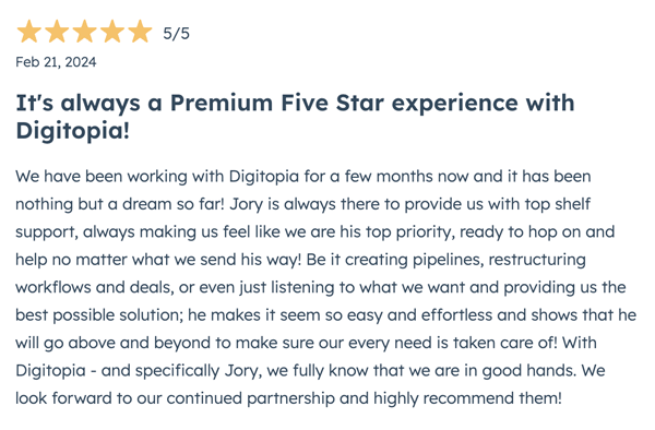 Hubspot 5-Star Review for Digitopia Feb 21, 2024