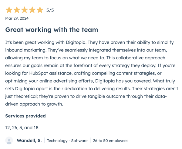 Hubspot 5-Star Review for Digitopia Wondell, S.