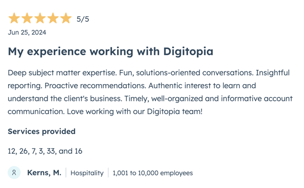 Hubspot 5-Star Review for Digitopia Kerns, M.
