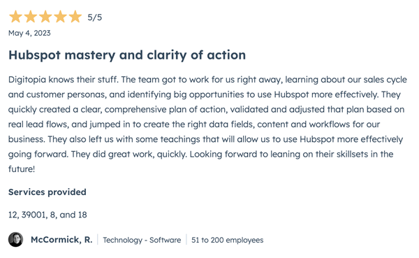 Hubspot 5-Star Review for Digitopia McCormick, R.