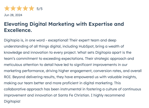 Hubspot 5-Star Review for Digitopia June 28, 2024