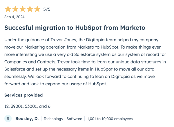 Hubspot 5-Star Review for Digitopia Beasely, D.