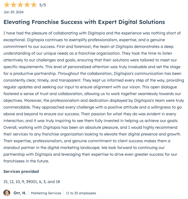 Hubspot 5-Star Review for Digitopia Ori H