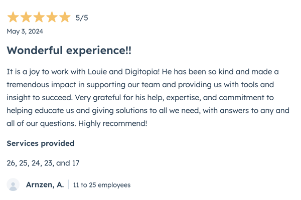 Hubspot 5-Star Review for Digitopia Arnzen A.