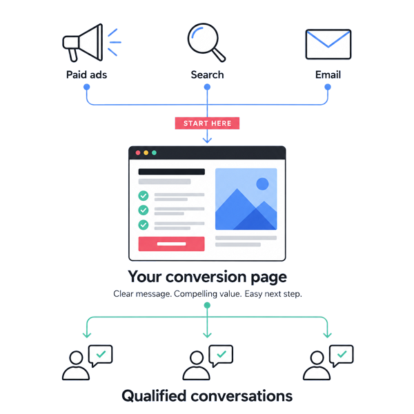 Infographic showing landing page and offer as the conversion bottleneck Infographic showing landing page and offer as the conversion bottleneck